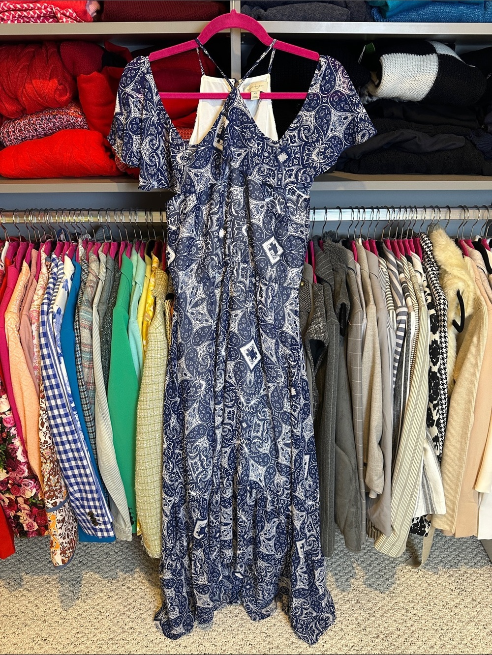 Belle Sky navy/white paisley cold shoulder elastic waistband maxi dress size XS